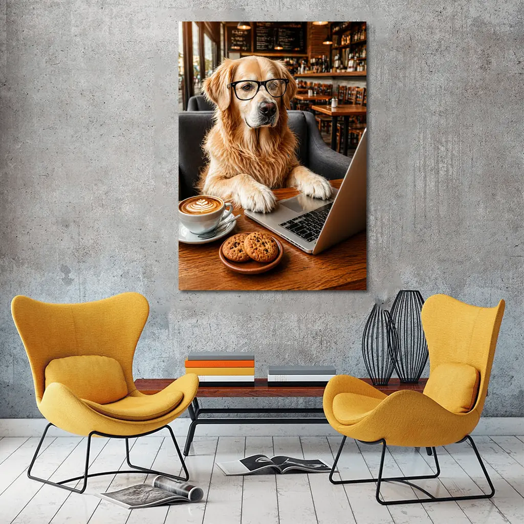 Golden Retriever Working in Coffee Shop – Wall Art