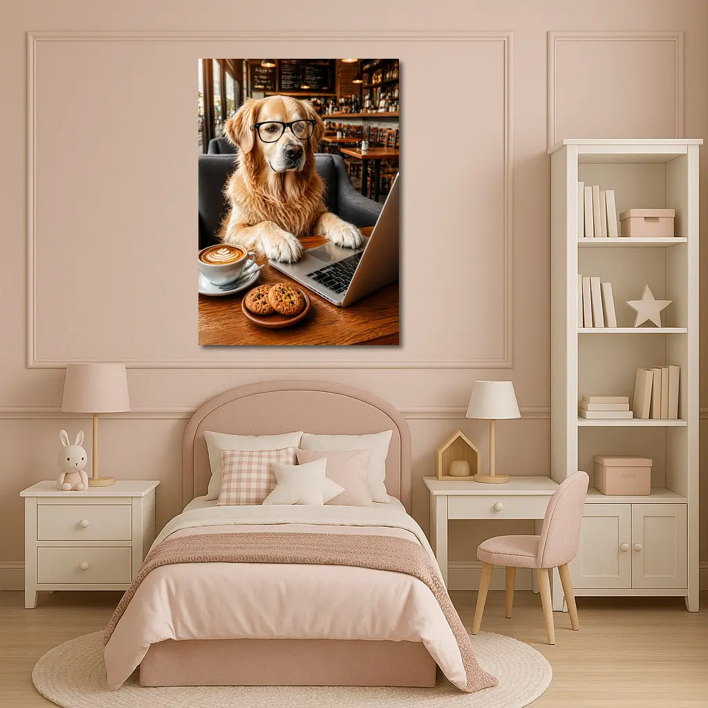 Golden Retriever Working in Coffee Shop – Wall Art