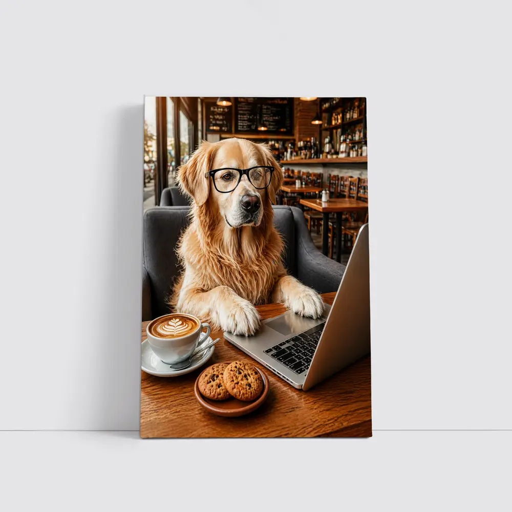 Golden Retriever Working in Coffee Shop – Wall Art