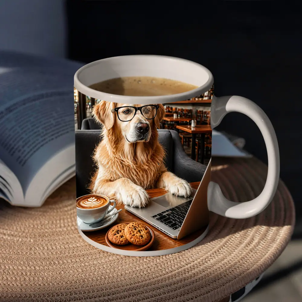 Golden Retriever Working in Coffee Shop – Mugs