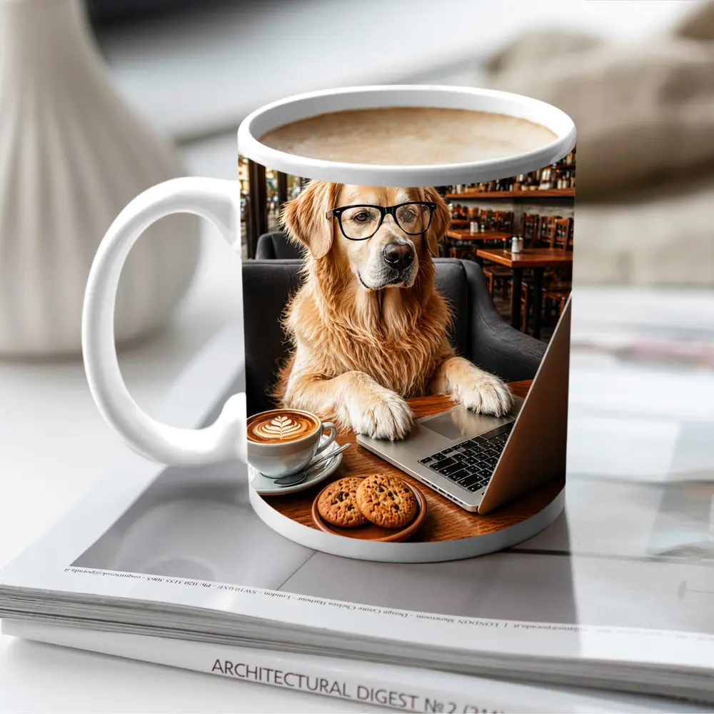 Golden Retriever Working in Coffee Shop – Mugs