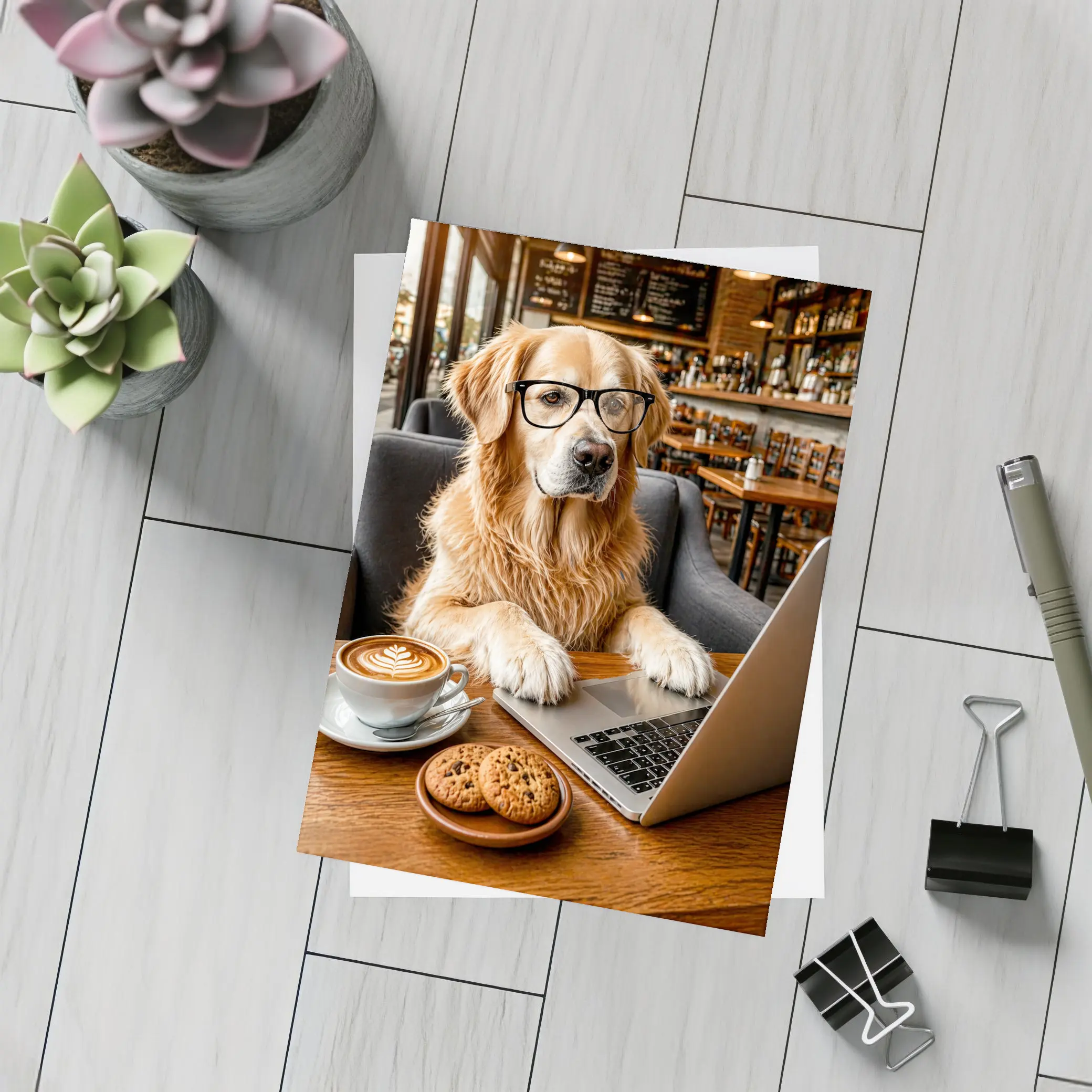 Golden Retriever Working in Coffee Shop – Postcards
