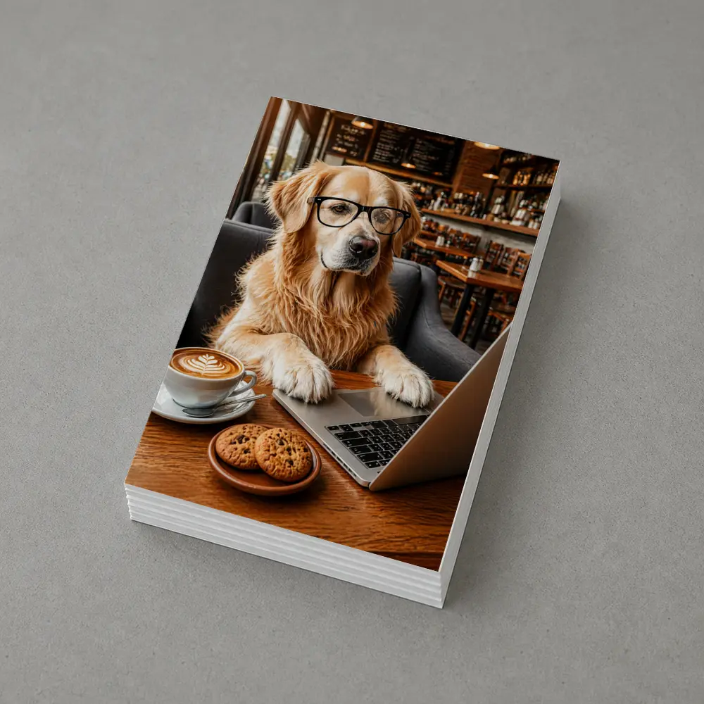 Golden Retriever Working in Coffee Shop – Postcards