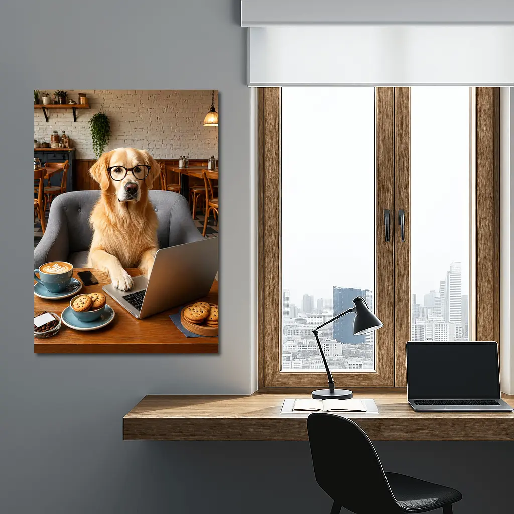 Golden Retriever Working Laptop Cafe Setting – Wall Art
