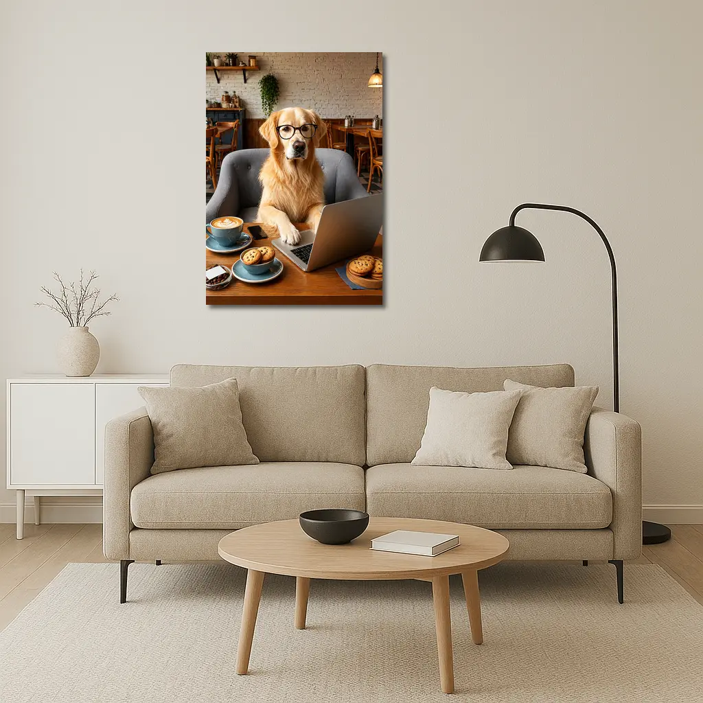 Golden Retriever Working Laptop Cafe Setting – Wall Art