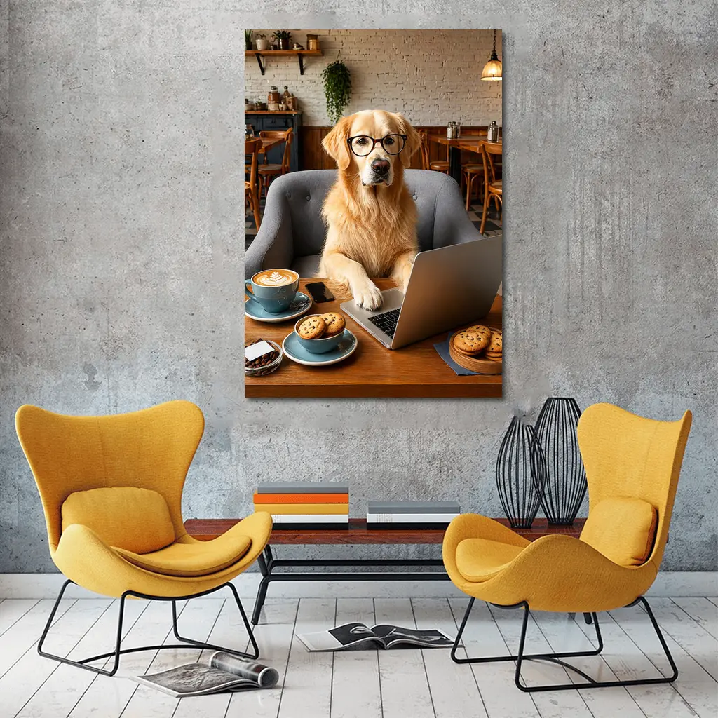 Golden Retriever Working Laptop Cafe Setting – Wall Art