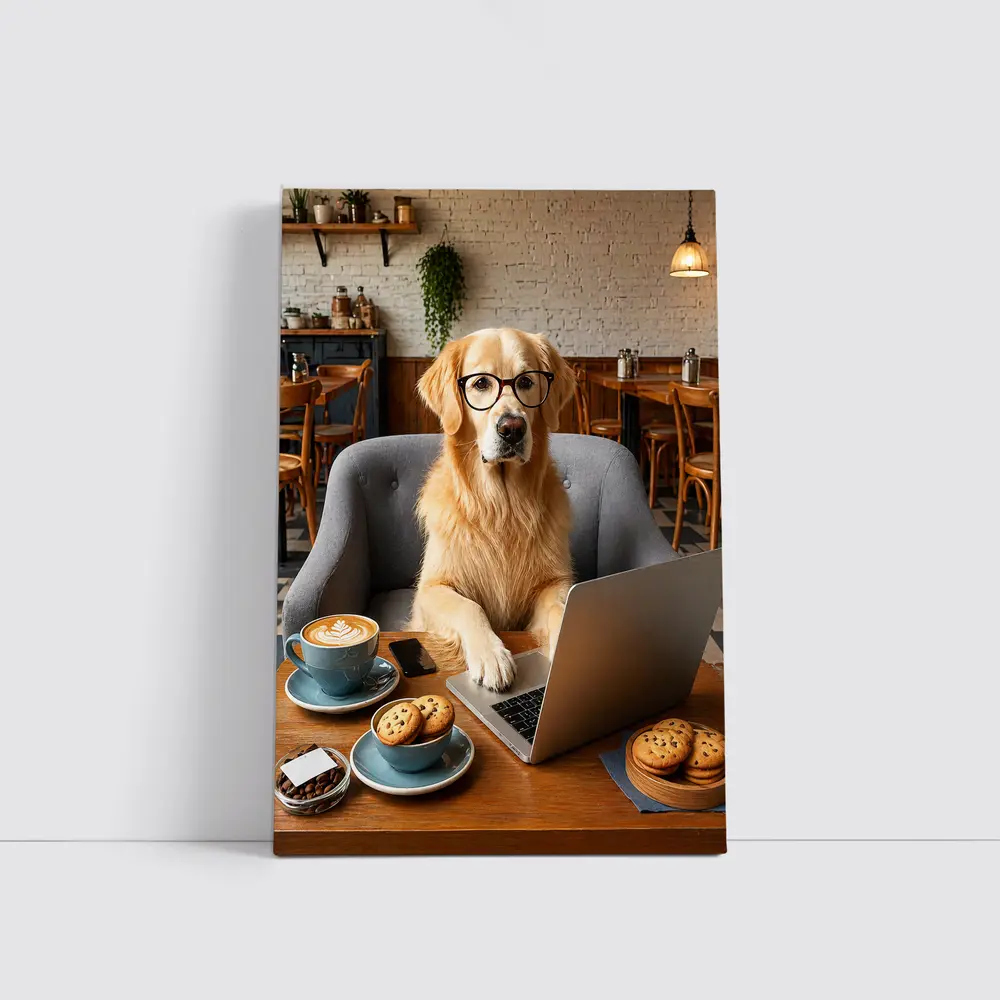 Golden Retriever Working Laptop Cafe Setting – Wall Art