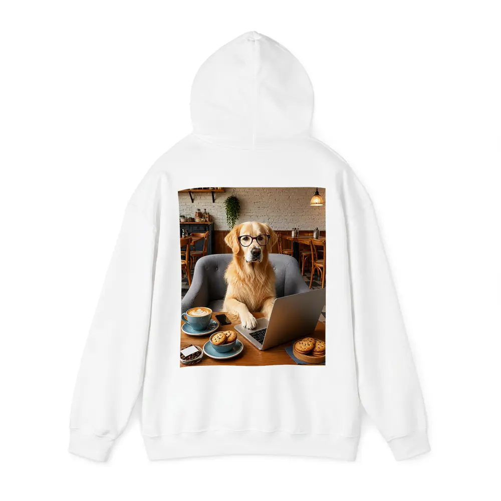 Golden Retriever Working Laptop Cafe Setting – Hoodies