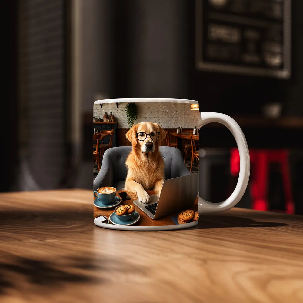 Golden Retriever Working Laptop Cafe Setting – Mugs