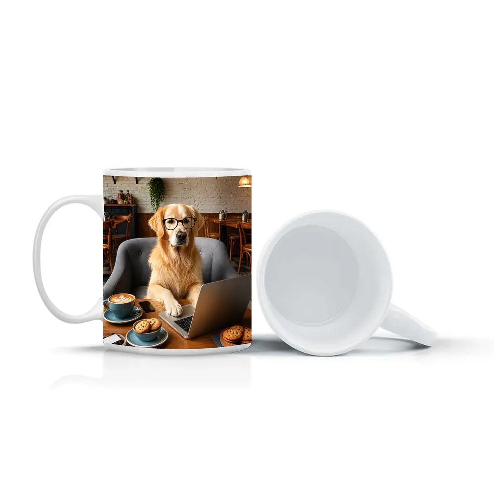 Golden Retriever Working Laptop Cafe Setting – Mugs