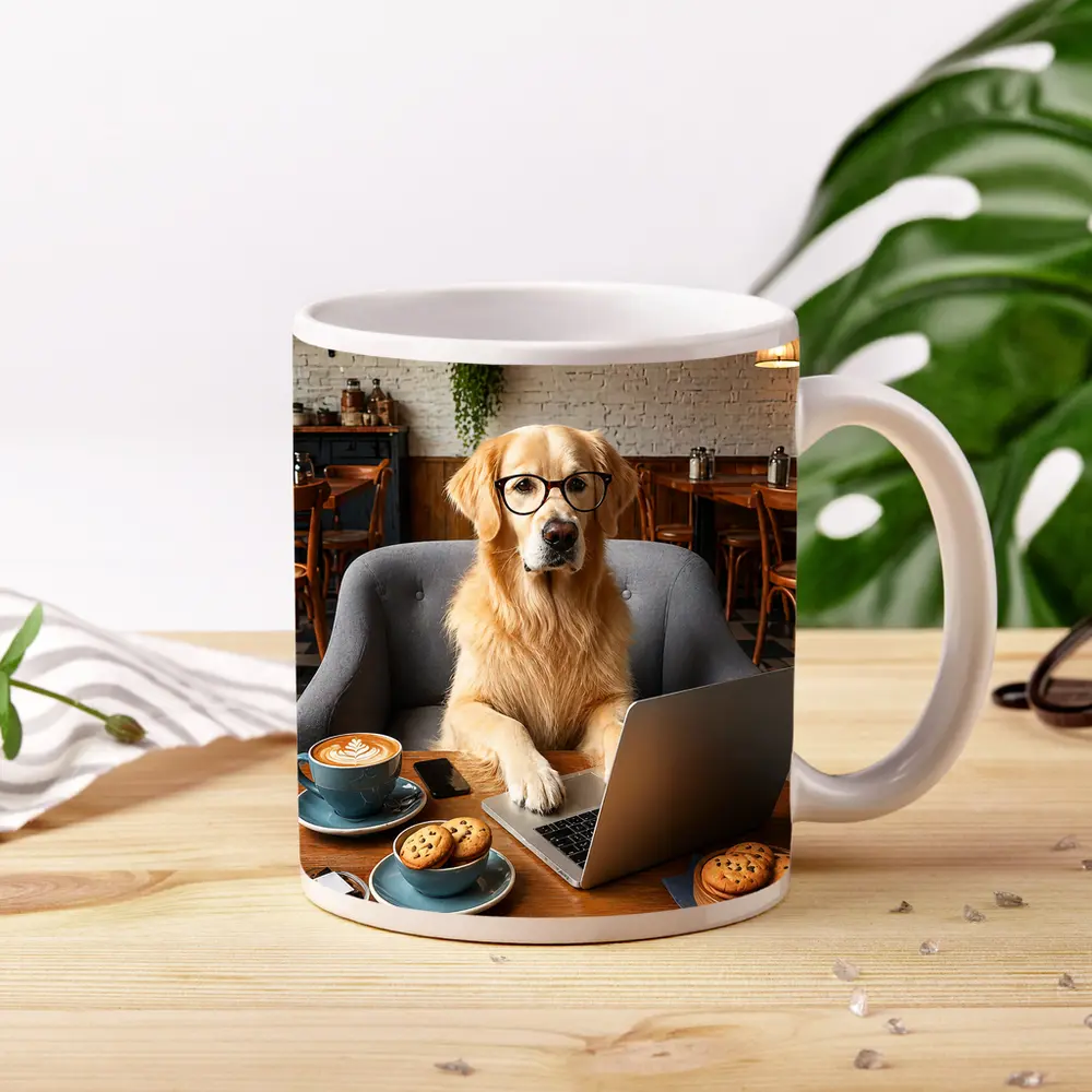 Golden Retriever Working Laptop Cafe Setting – Mugs