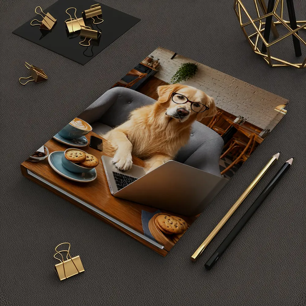 Golden Retriever Working Laptop Cafe Setting – Notebooks