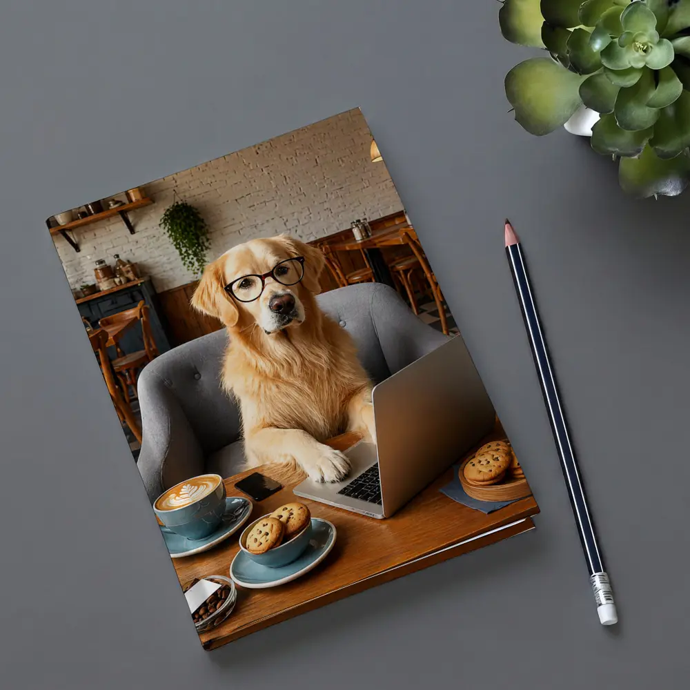 Golden Retriever Working Laptop Cafe Setting – Notebooks