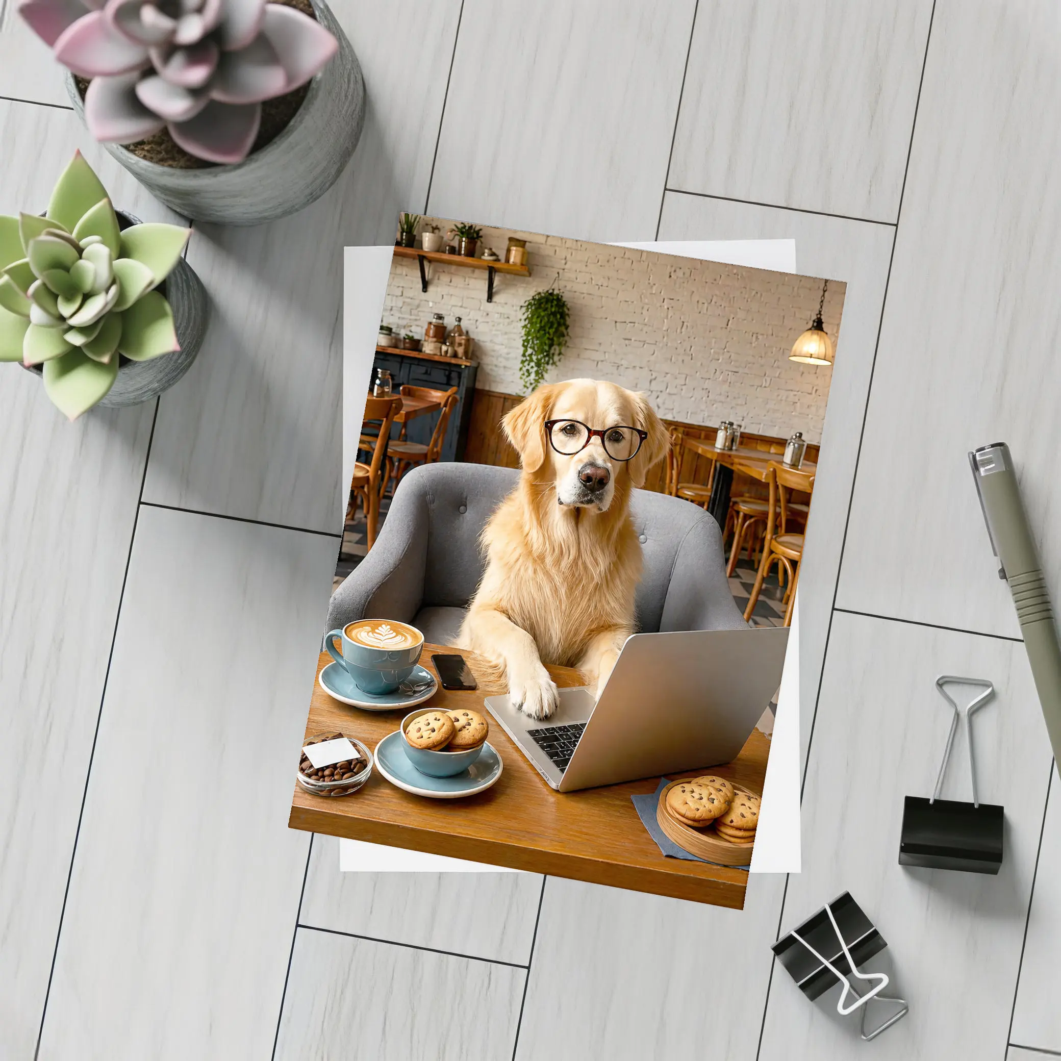 Golden Retriever Working Laptop Cafe Setting – Postcards