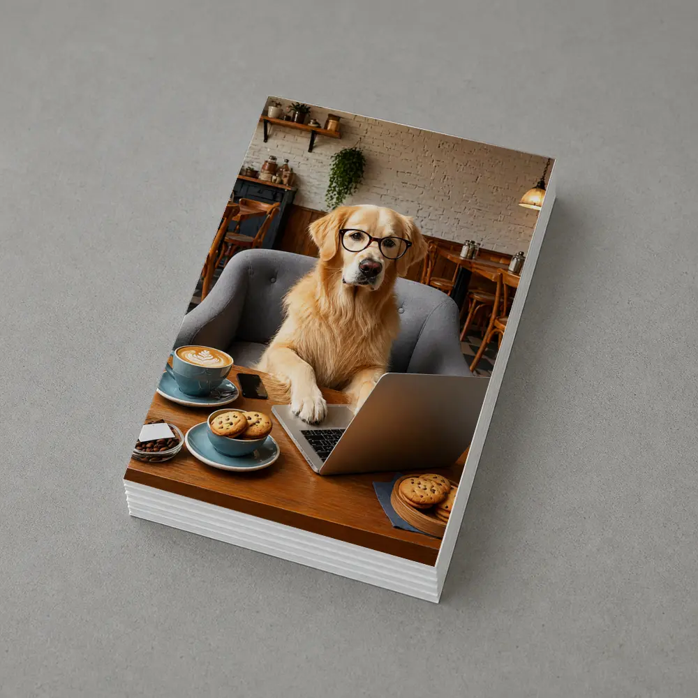 Golden Retriever Working Laptop Cafe Setting – Postcards