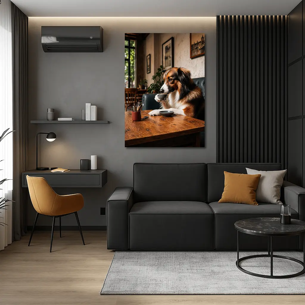 Border Collie Drinking Coffee in Cozy Cafe – Wall Art