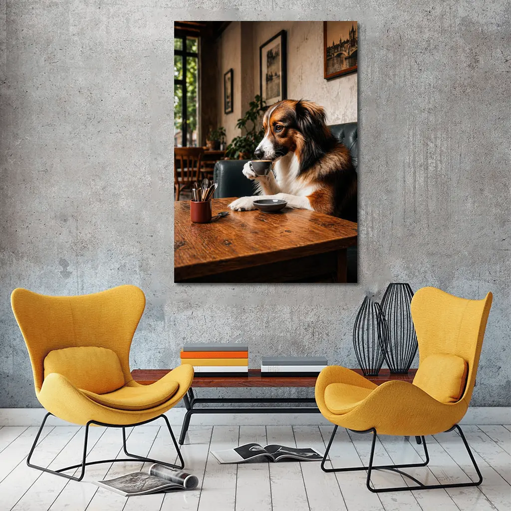 Border Collie Drinking Coffee in Cozy Cafe – Wall Art