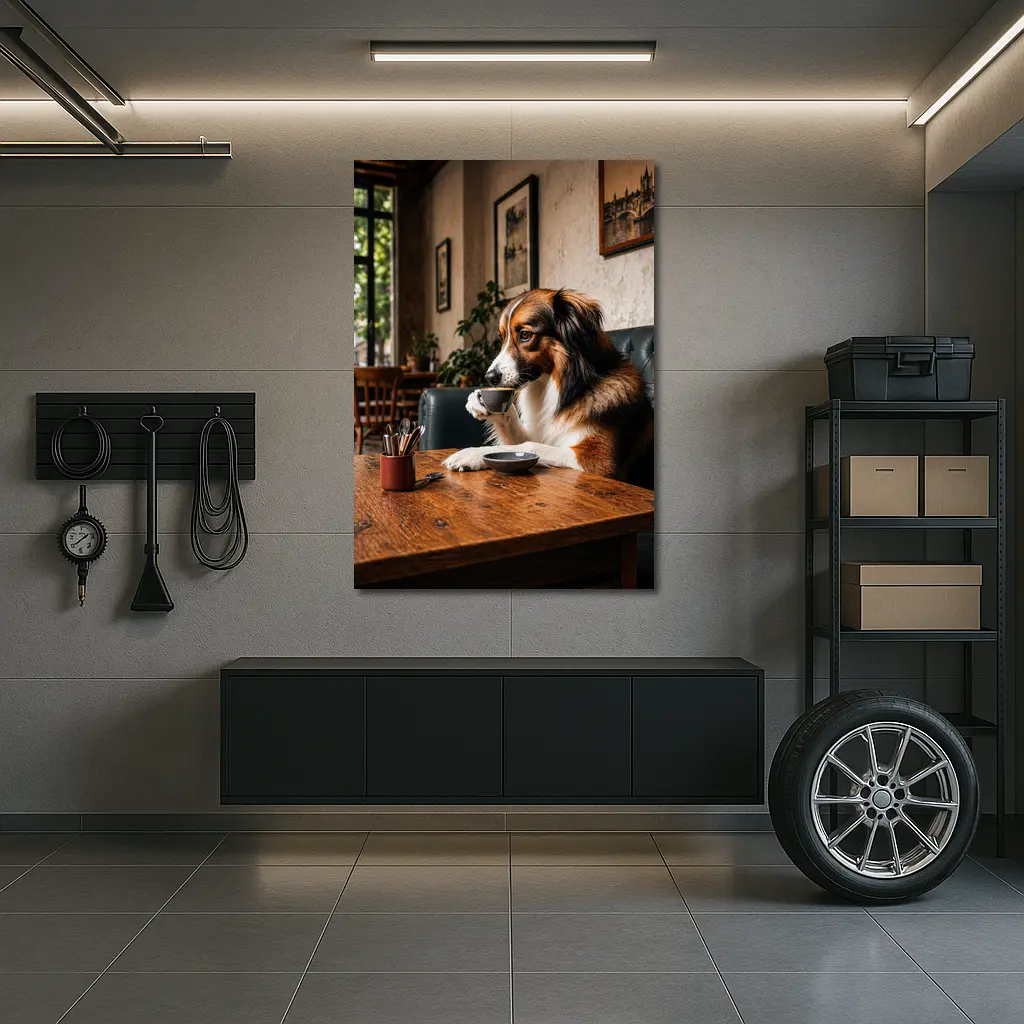 Border Collie Drinking Coffee in Cozy Cafe – Wall Art