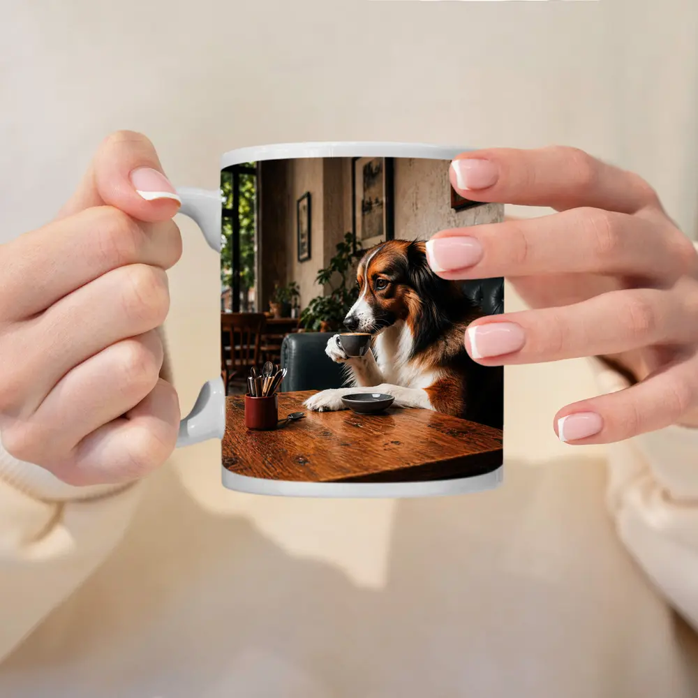 Border Collie Drinking Coffee in Cozy Cafe – Mugs