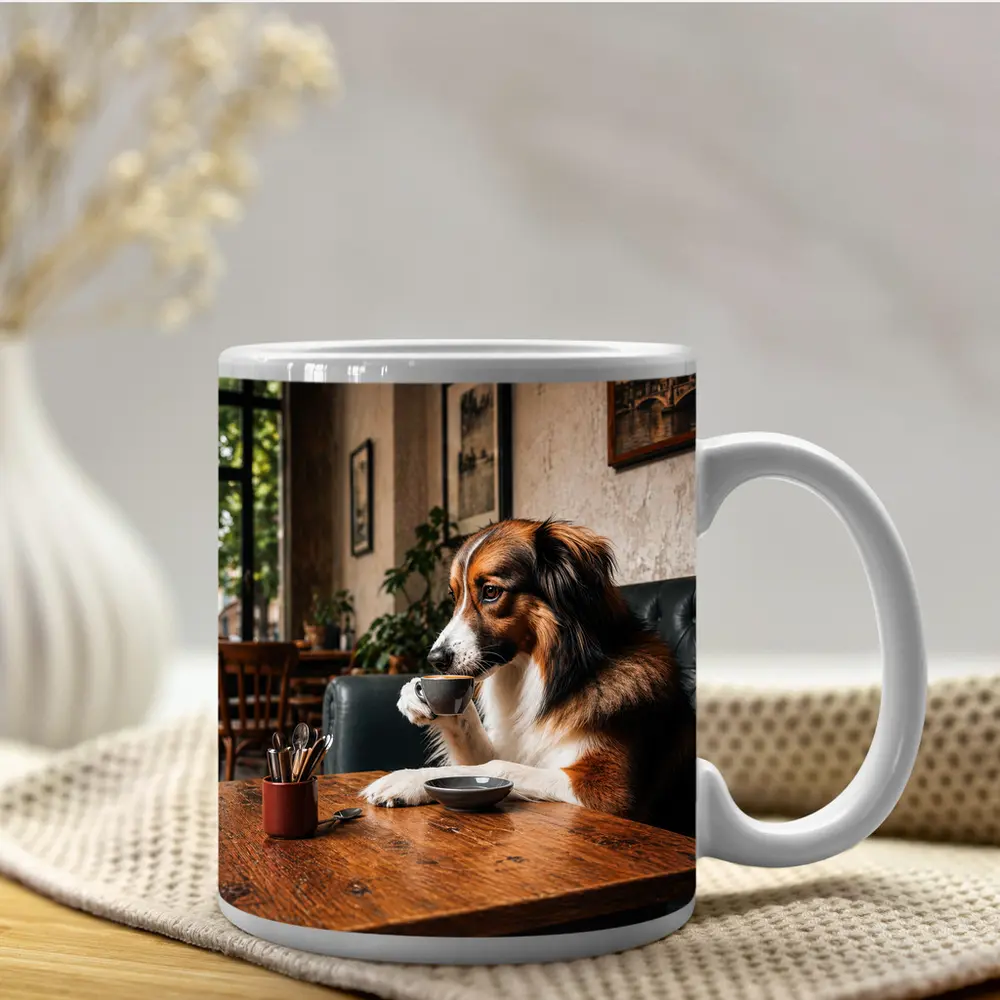 Border Collie Drinking Coffee in Cozy Cafe – Mugs
