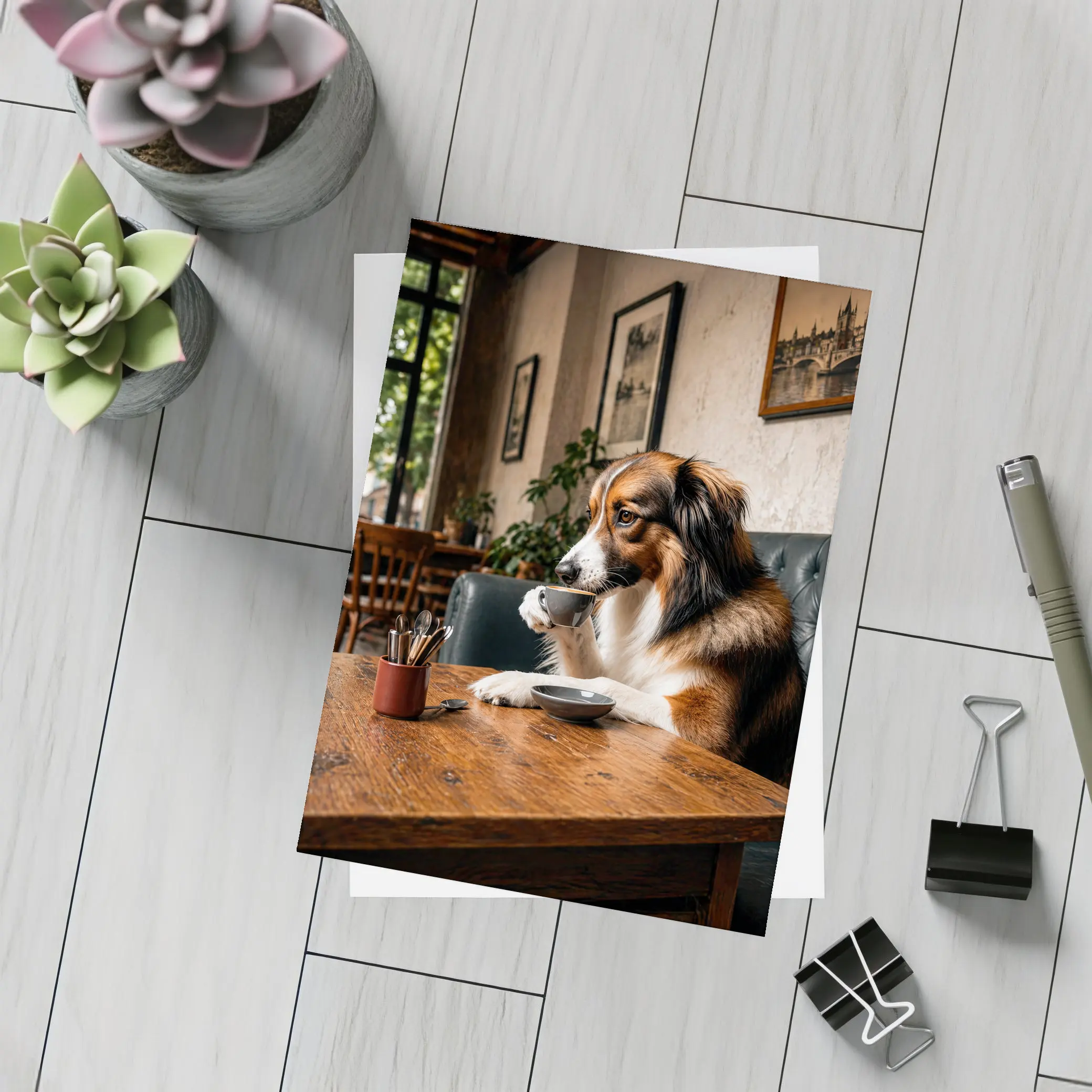 Border Collie Drinking Coffee in Cozy Cafe – Postcards