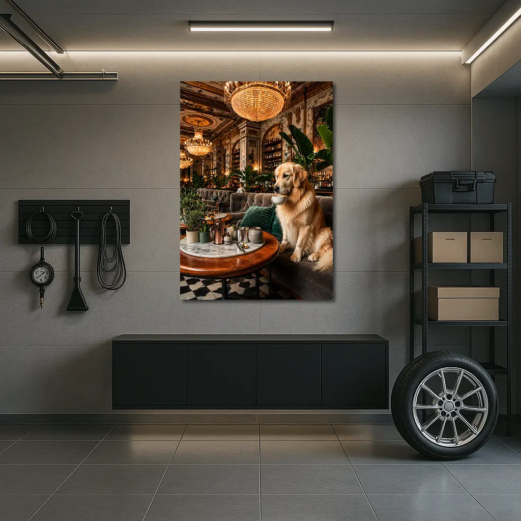 Golden Retriever Sipping Coffee Fancy Cafe – Wall Art