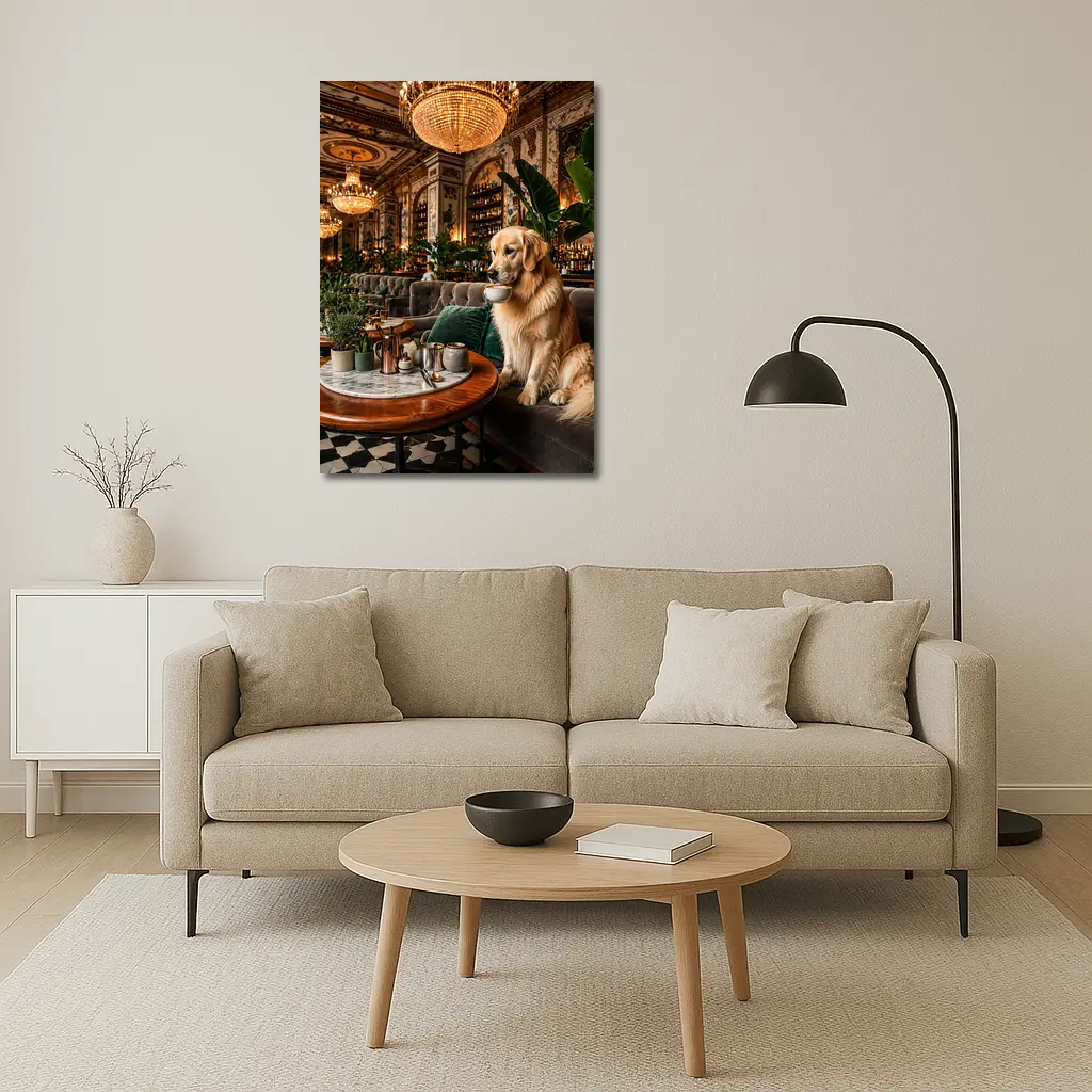 Golden Retriever Sipping Coffee Fancy Cafe – Wall Art