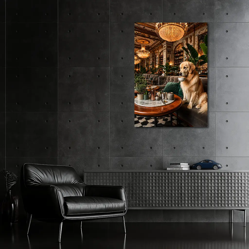 Golden Retriever Sipping Coffee Fancy Cafe – Wall Art