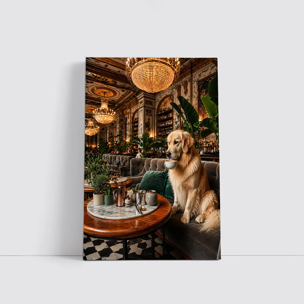 Golden Retriever Sipping Coffee Fancy Cafe – Wall Art