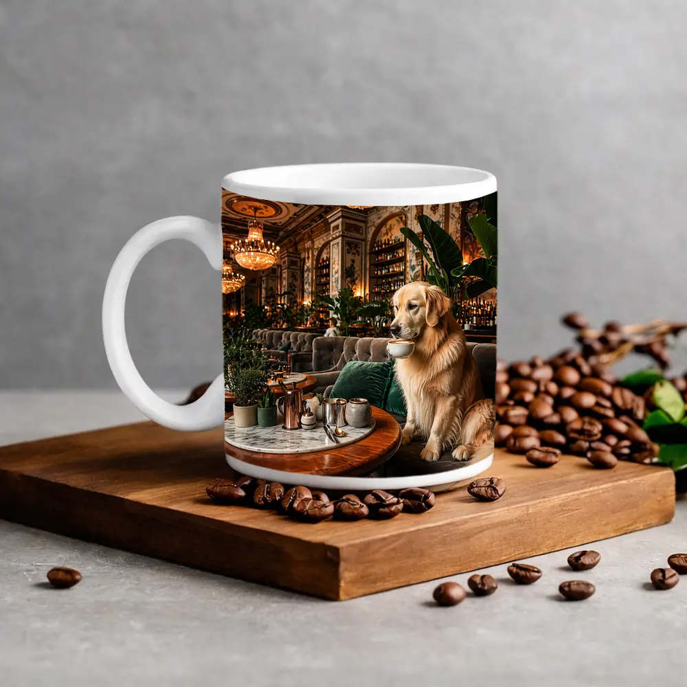 Golden Retriever Sipping Coffee Fancy Cafe – Mugs