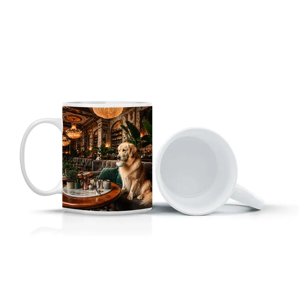 Golden Retriever Sipping Coffee Fancy Cafe – Mugs