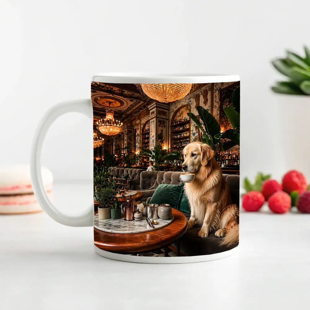 Golden Retriever Sipping Coffee Fancy Cafe – Mugs