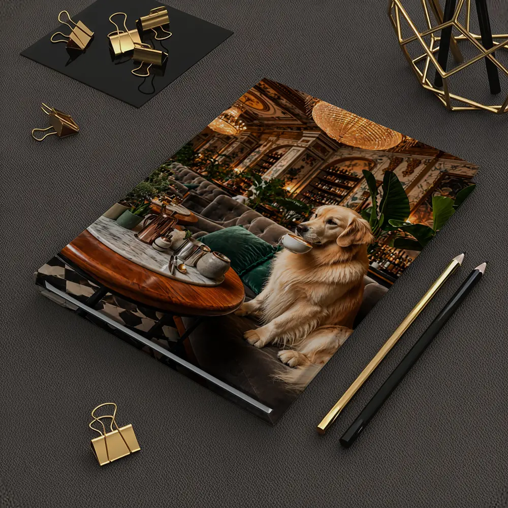 Golden Retriever Sipping Coffee Fancy Cafe – Notebooks