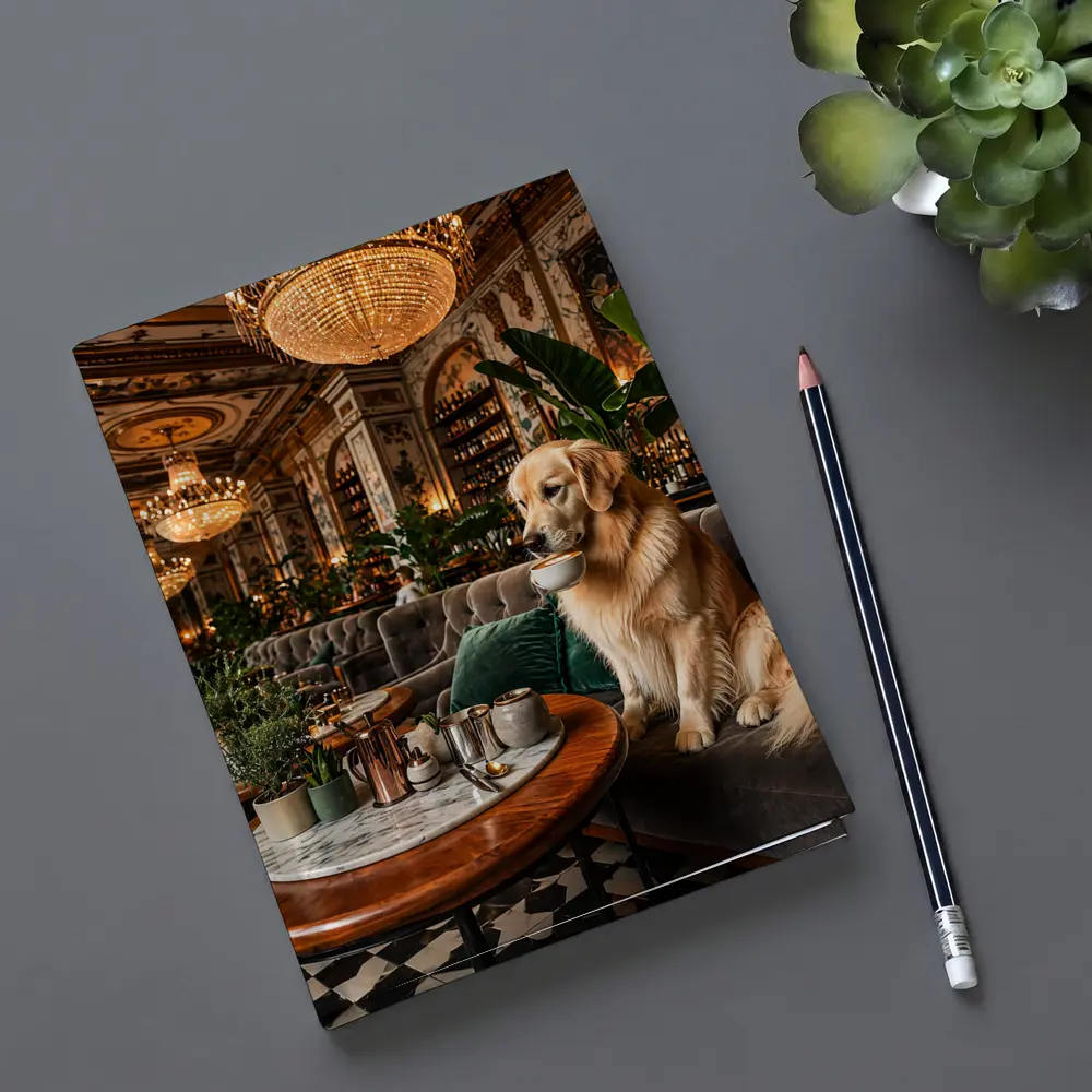 Golden Retriever Sipping Coffee Fancy Cafe – Notebooks