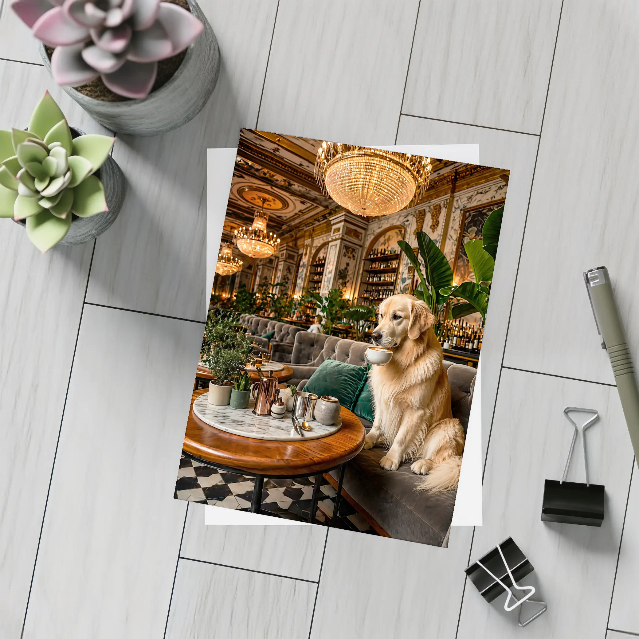 Golden Retriever Sipping Coffee Fancy Cafe – Postcards