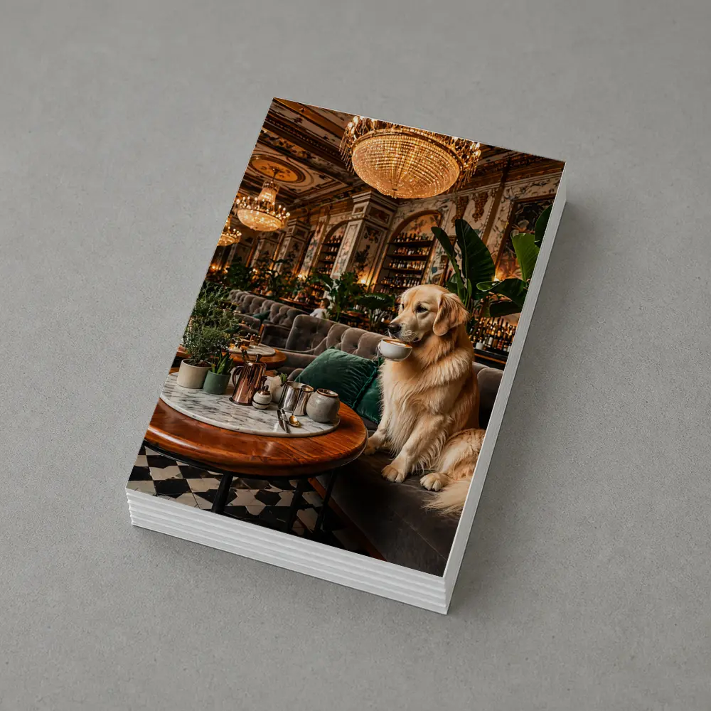 Golden Retriever Sipping Coffee Fancy Cafe – Postcards
