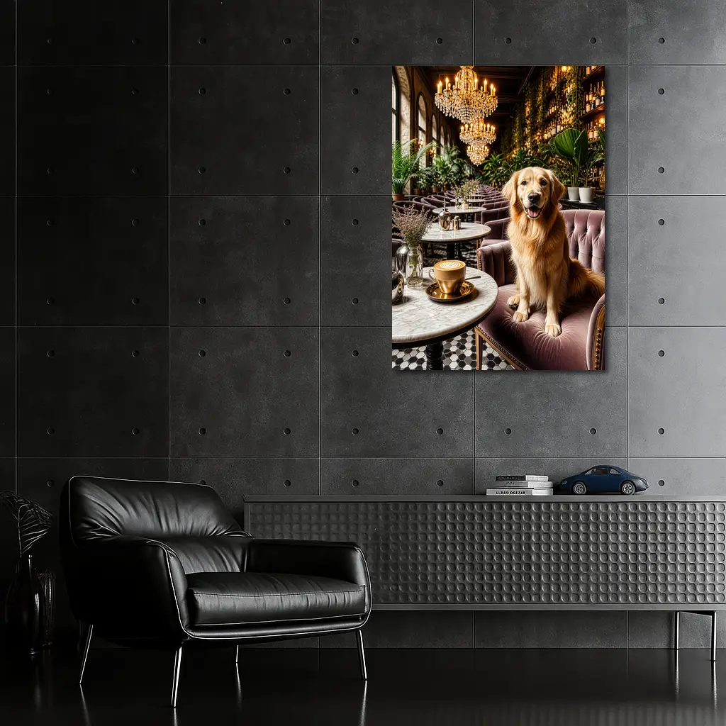 Golden Retriever Relaxing in Elegant Cafe – Wall Art
