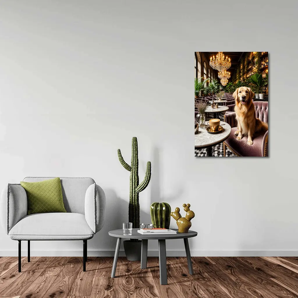 Golden Retriever Relaxing in Elegant Cafe – Wall Art