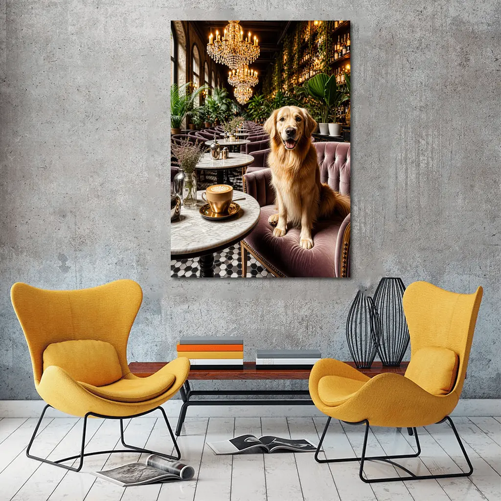 Golden Retriever Relaxing in Elegant Cafe – Wall Art