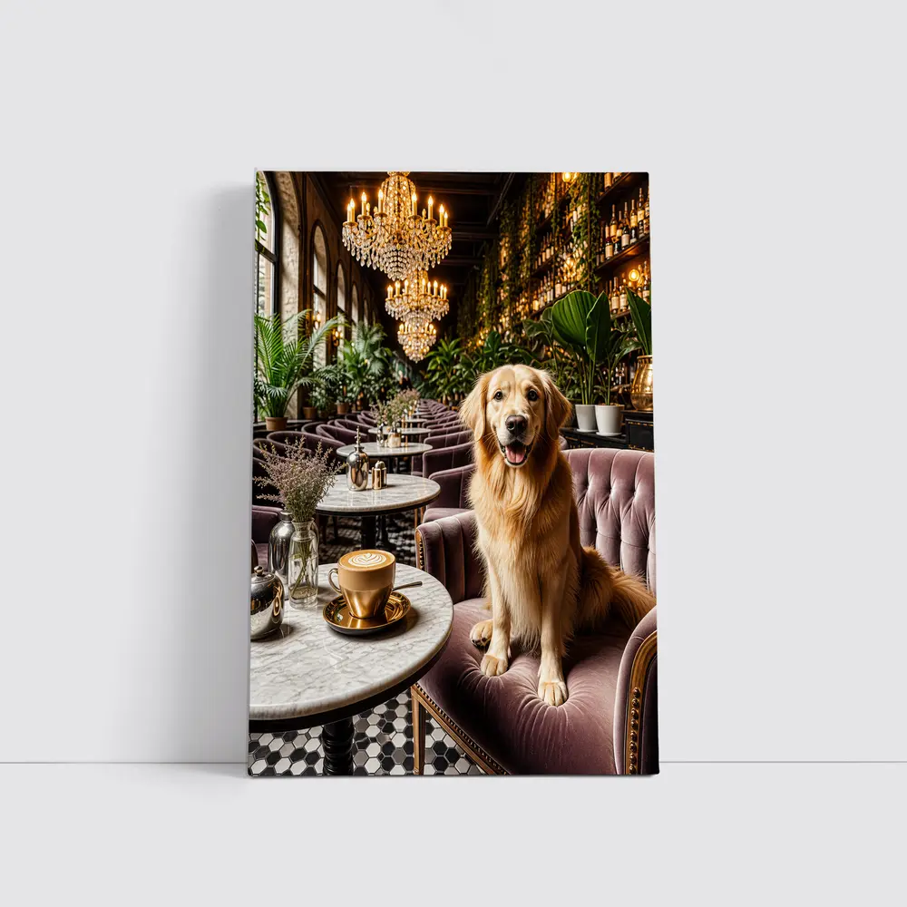 Golden Retriever Relaxing in Elegant Cafe – Wall Art