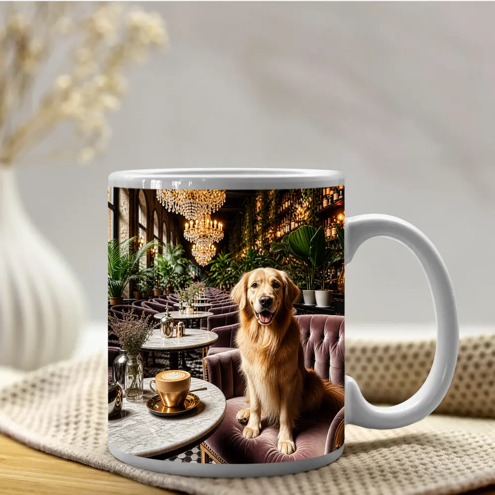 Golden Retriever Relaxing in Elegant Cafe – Mugs