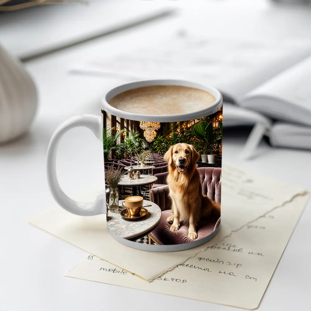 Golden Retriever Relaxing in Elegant Cafe – Mugs