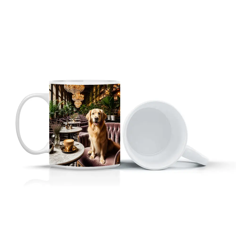 Golden Retriever Relaxing in Elegant Cafe – Mugs