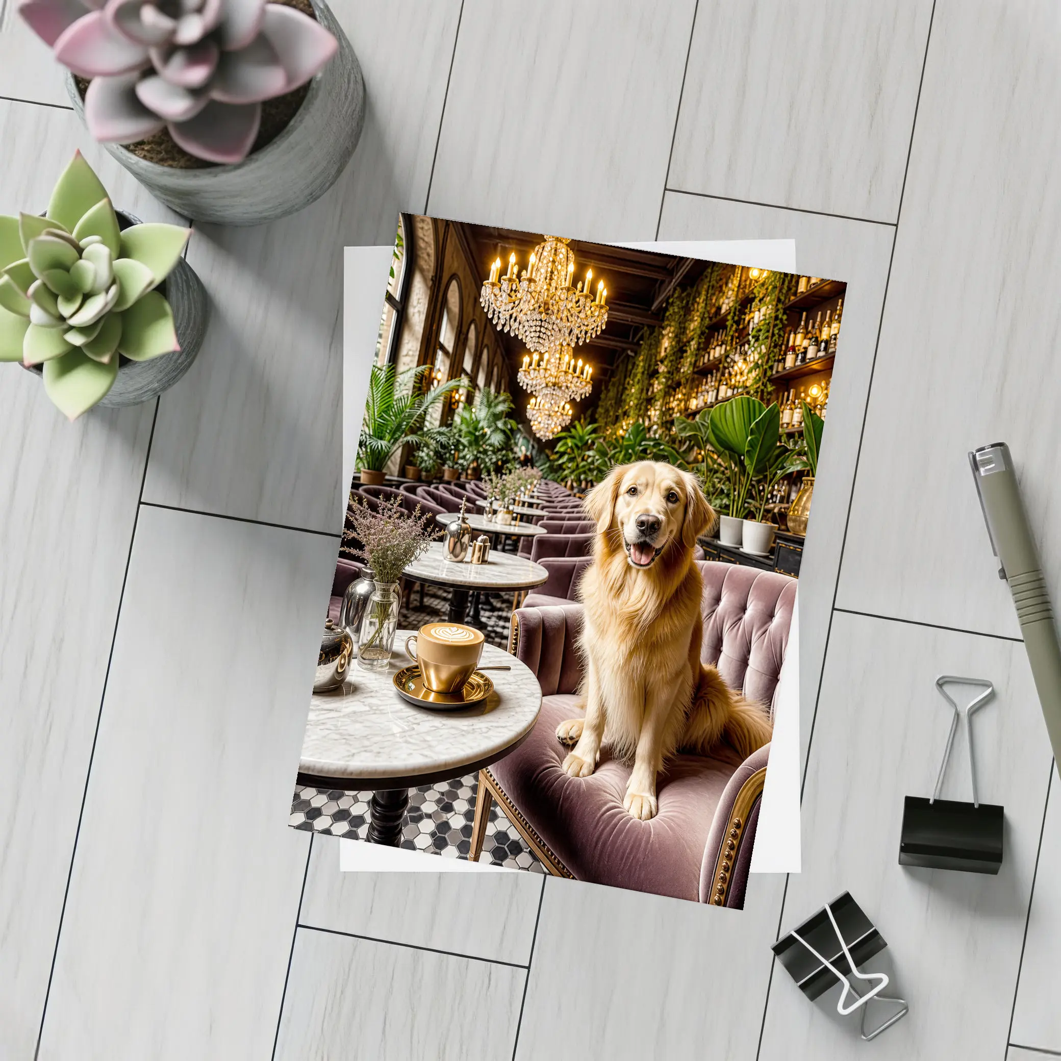 Golden Retriever Relaxing in Elegant Cafe – Postcards