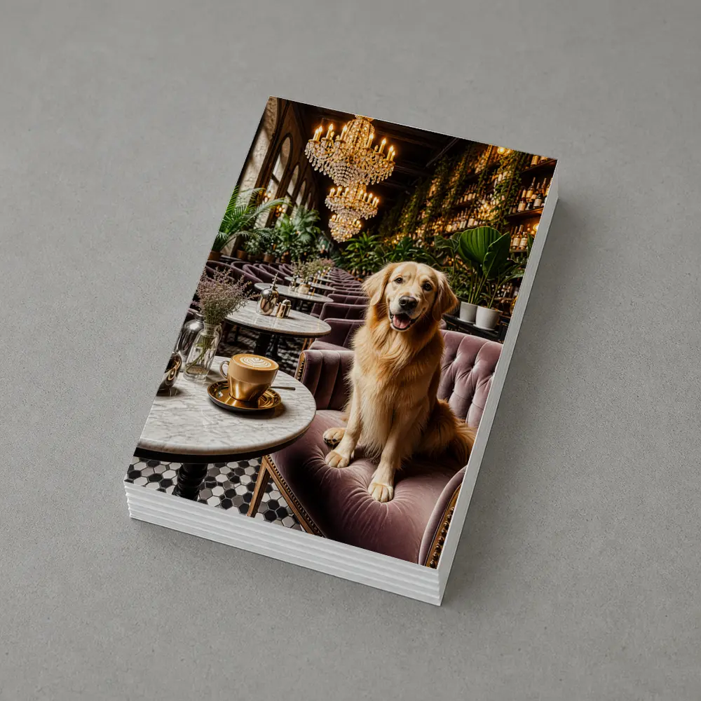 Golden Retriever Relaxing in Elegant Cafe – Postcards