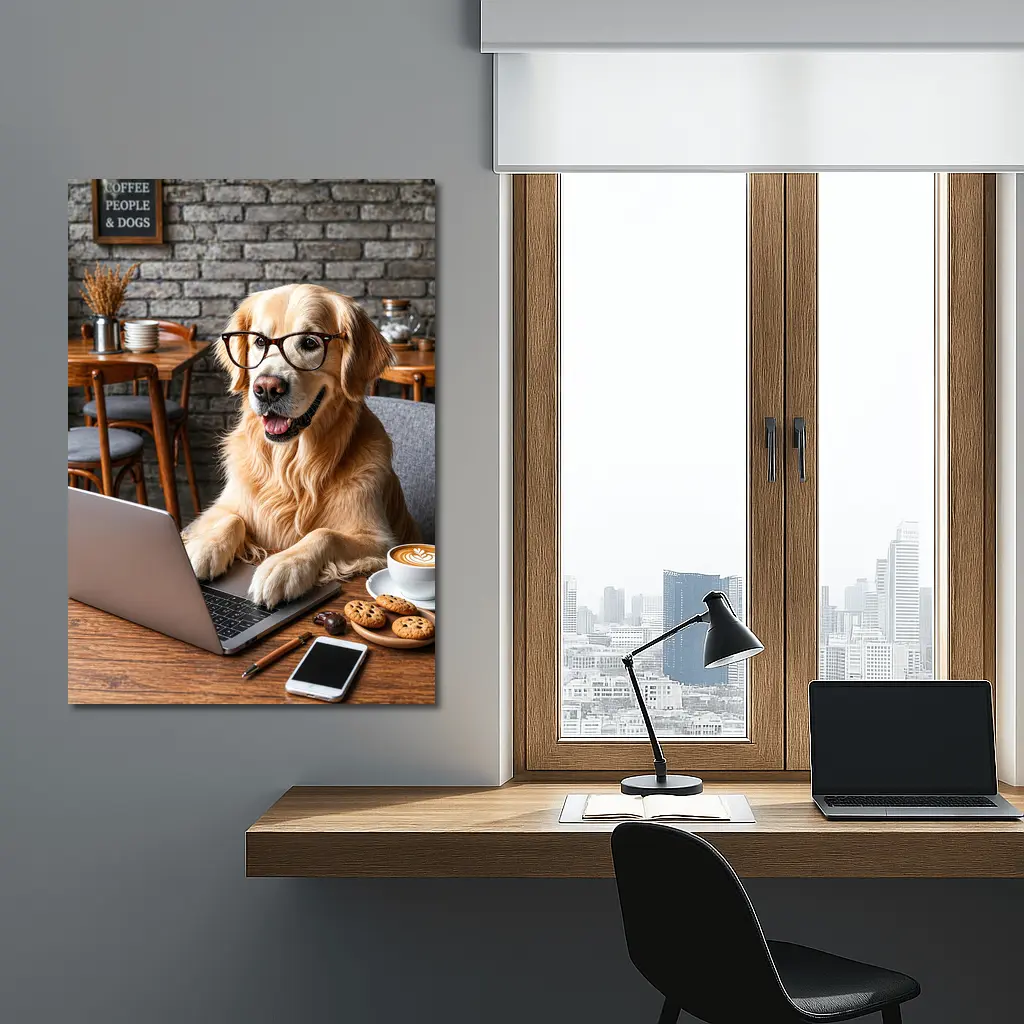 Golden Retriever Working Laptop Cozy Cafe – Wall Art