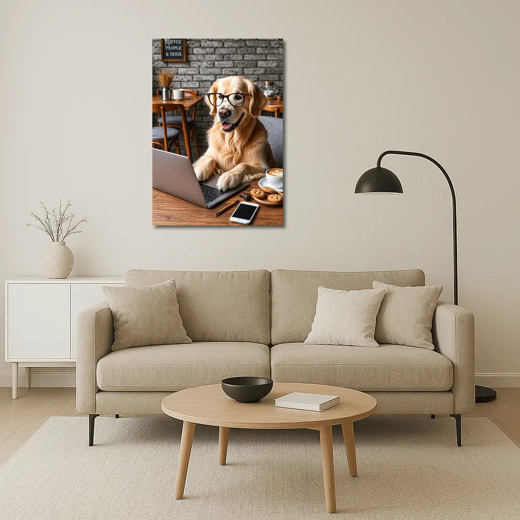 Golden Retriever Working Laptop Cozy Cafe – Wall Art