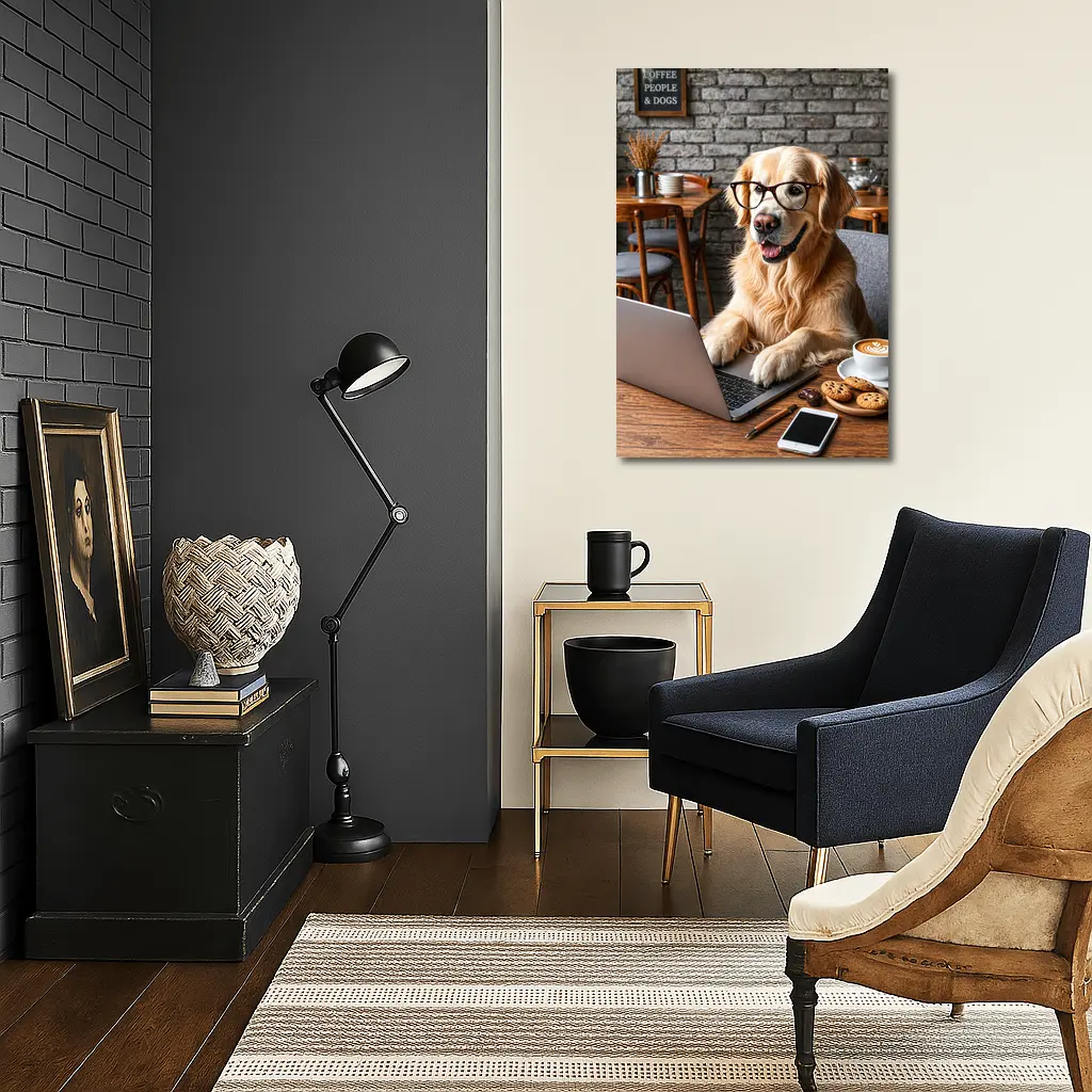 Golden Retriever Working Laptop Cozy Cafe – Wall Art