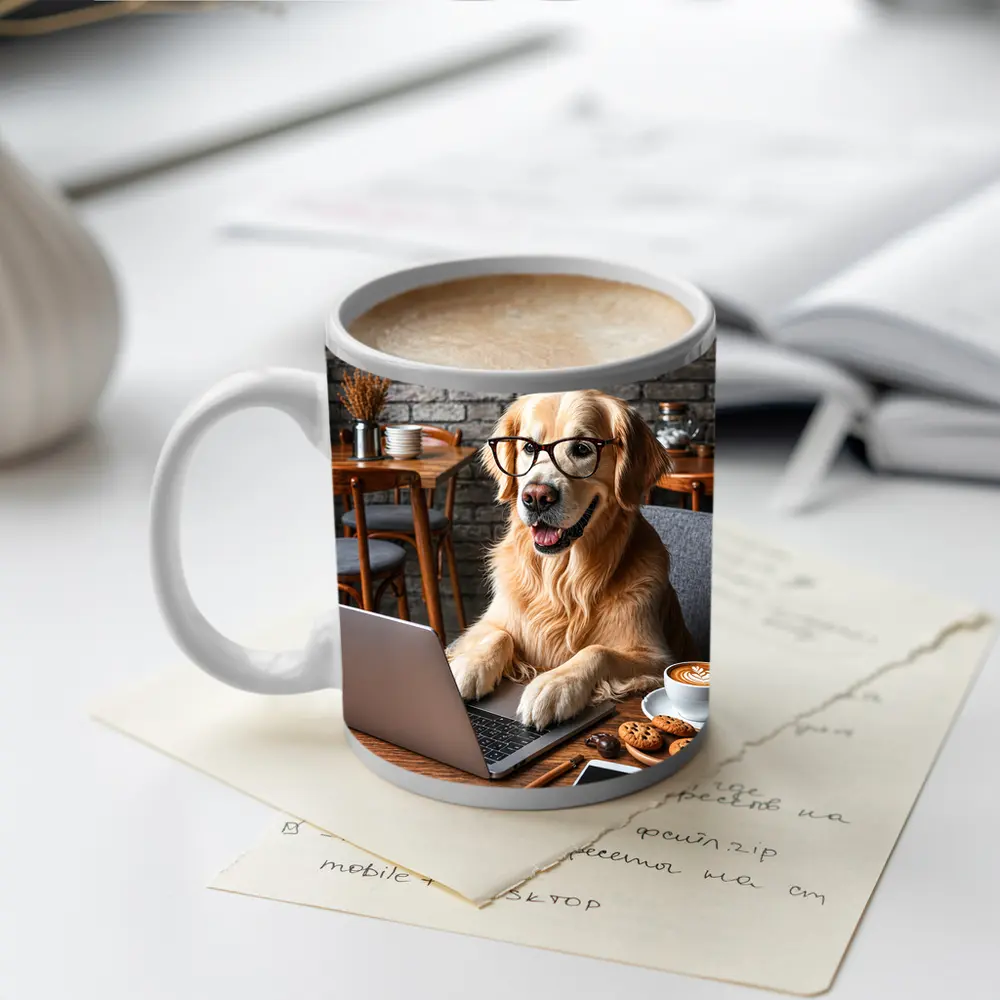 Golden Retriever Working Laptop Cozy Cafe – Mugs