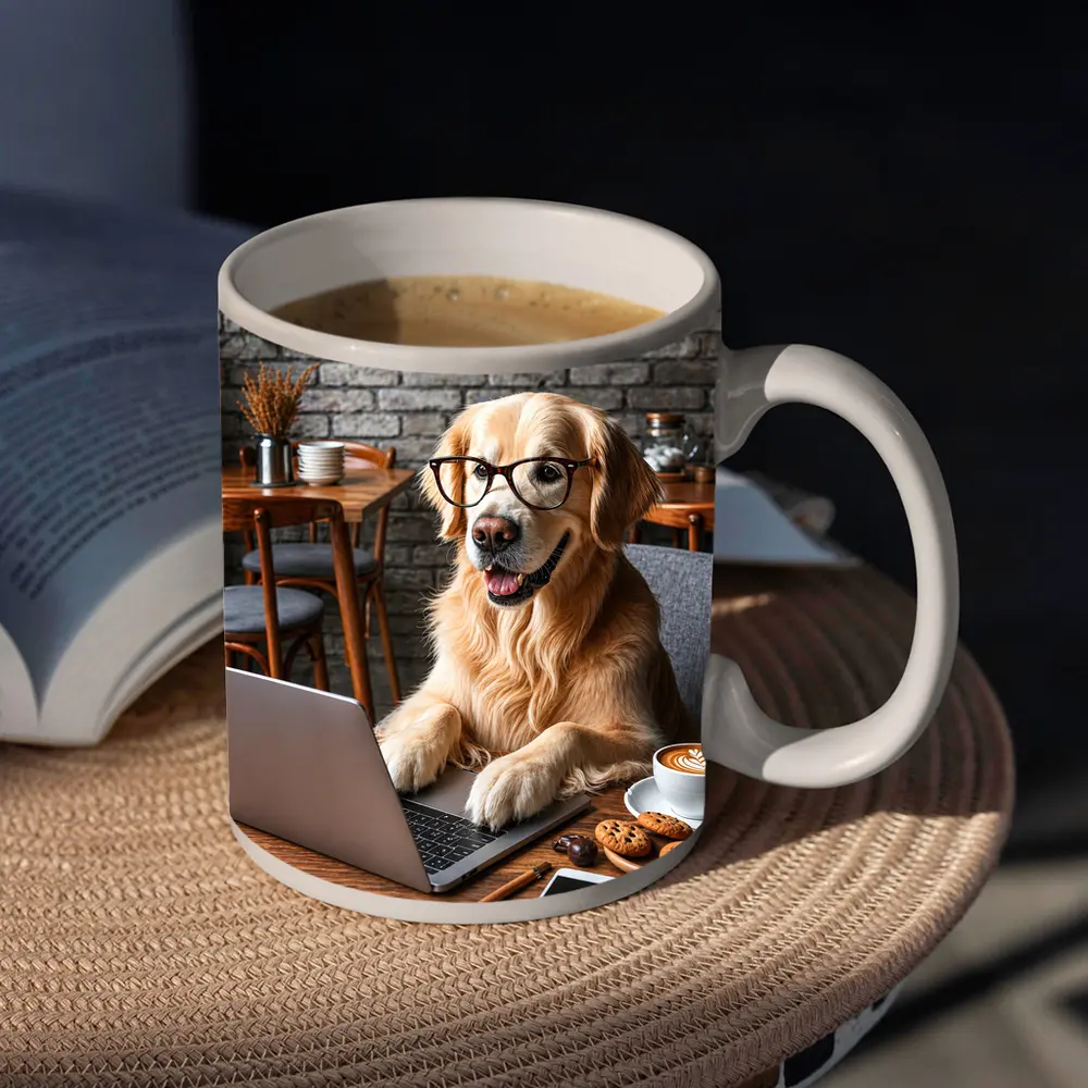 Golden Retriever Working Laptop Cozy Cafe – Mugs